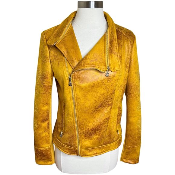 Desigual Moto Jacket Womens 38 M Mustard Yellow Faux Suede Embroidered Mandala - Picture 1 of 13